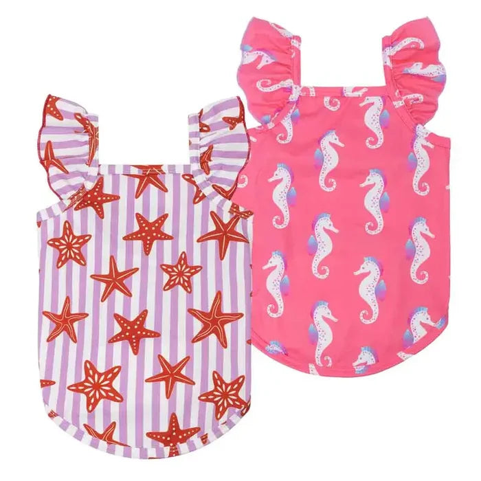 2 Pack Seahorse & Starfish Ruffle Dog Shirts
