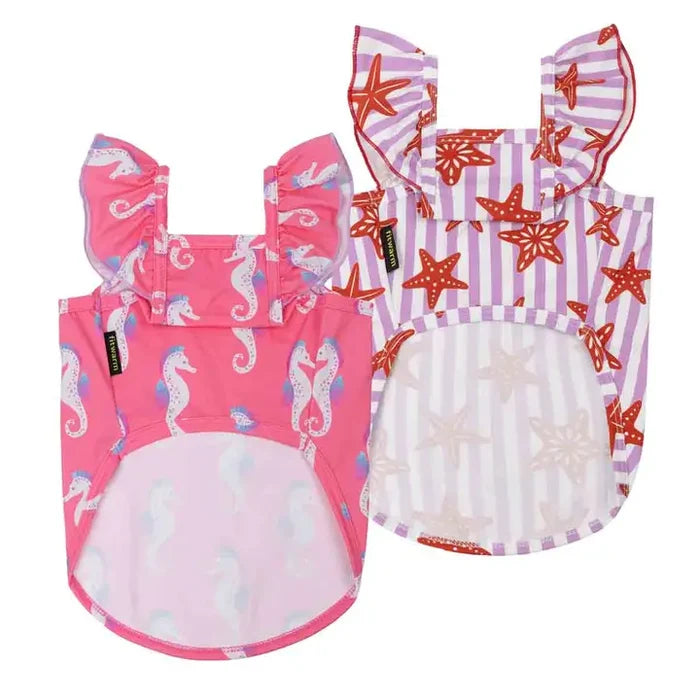 2 Pack Seahorse & Starfish Ruffle Dog Shirts