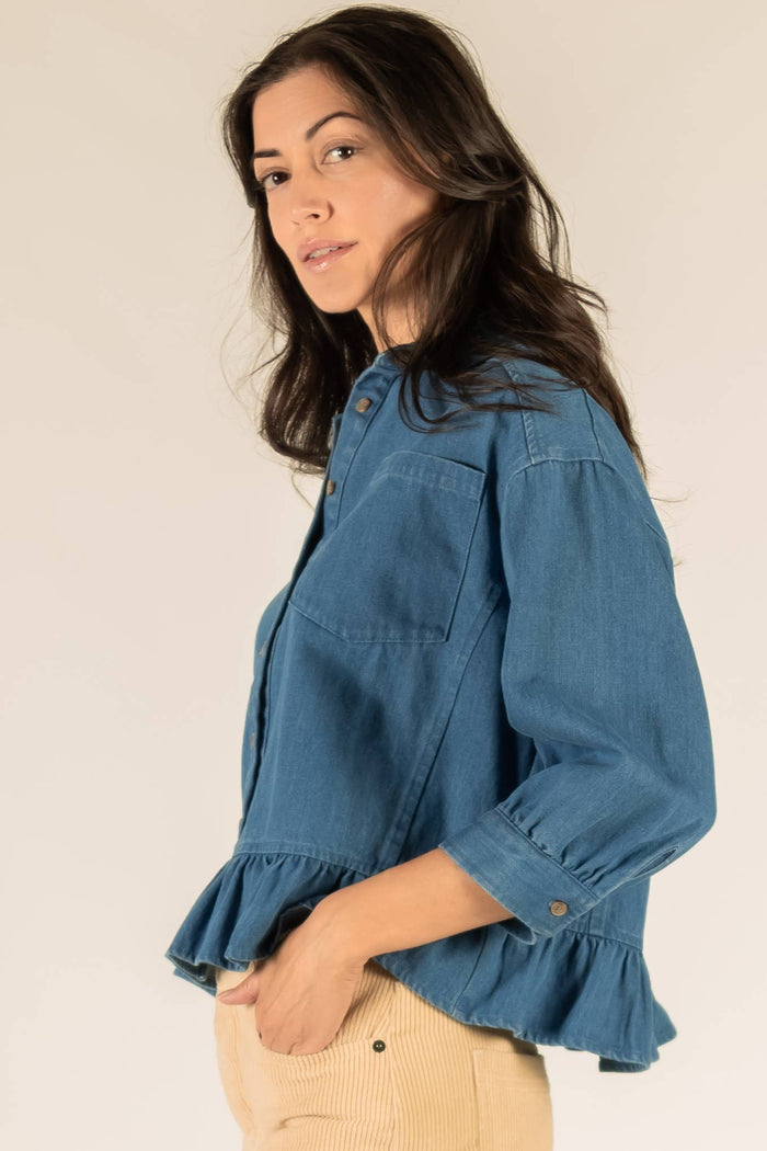 3/4 Sleeve Ruffle Button Up Shirt