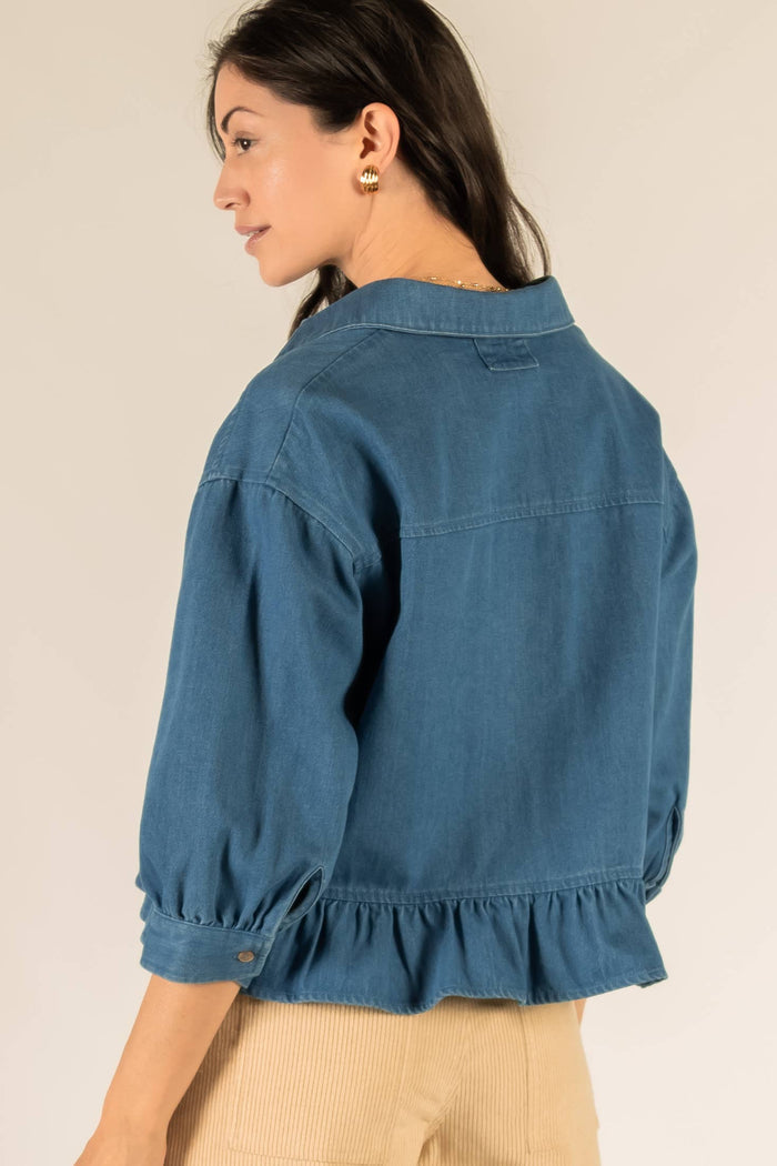 3/4 Sleeve Ruffle Button Up Shirt