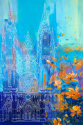 Blue Gothic Cathedral with Orange Flowers Art Print