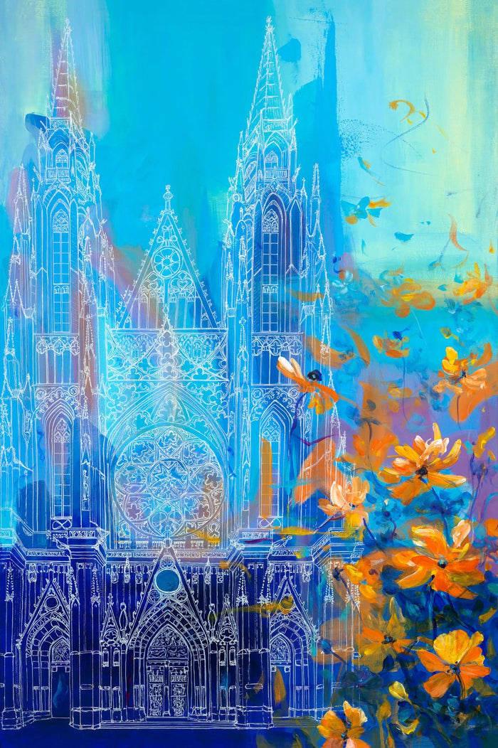 Blue Gothic Cathedral with Orange Flowers Art Print