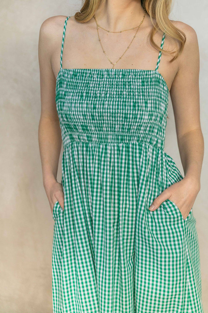 Gingham Print Smocked Bodice Dress