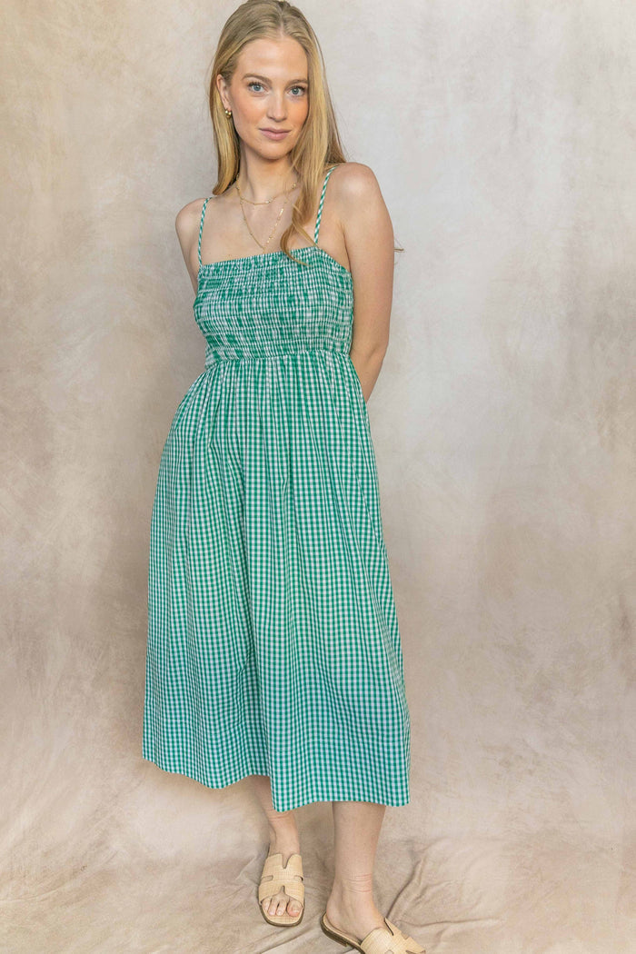 Gingham Print Smocked Bodice Dress