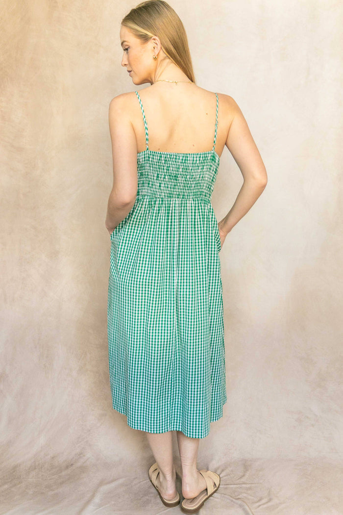 Gingham Print Smocked Bodice Dress