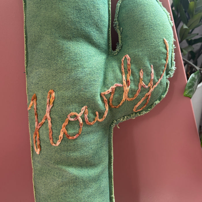 Hand Dyed and Embroidered Denim Cactus Pillow