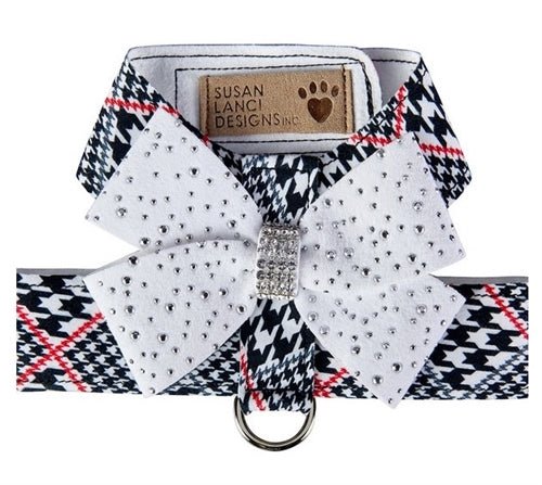 Susan Lanci Classic Glen Houndtooth with Stardust Nouveau Bow Tinkie Harness - Posh Puppy Boutique
