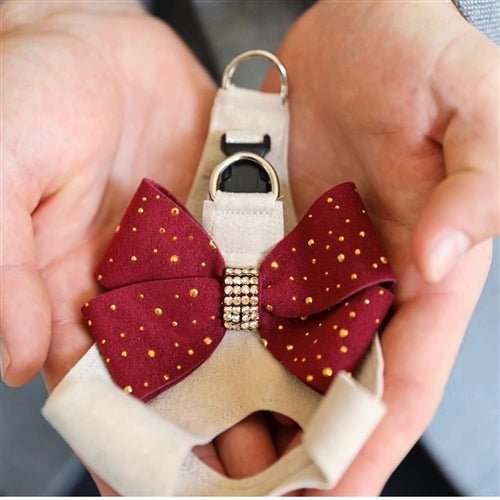 Susan Lanci Doe with Gold Stardust Burgundy Nouveau Bow Step in Harness - Posh Puppy Boutique