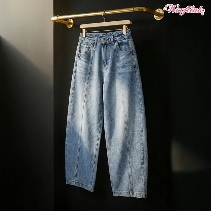 Wooflink Barrel Jean Stone Wash Jeans for Mom