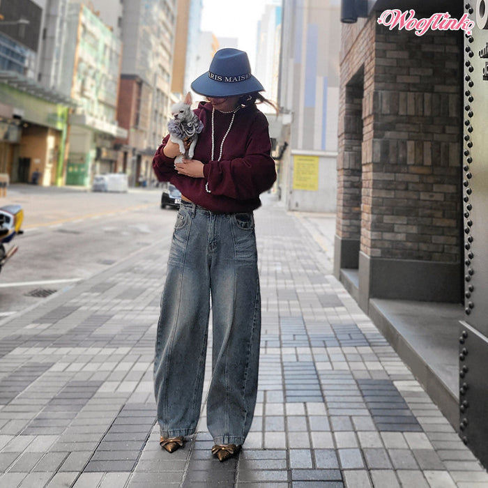 Wooflink Barrel Jean Stone Wash Jeans for Mom