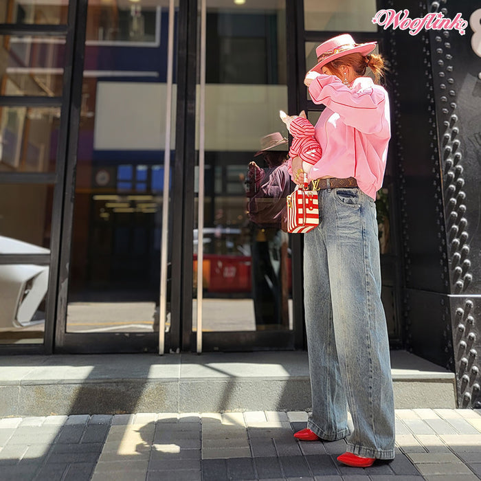 Wooflink Barrel Jean Stone Wash Jeans for Mom