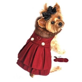Wool Fur - Trimmed Dog Harness Coat - Burgundy - Posh Puppy Boutique